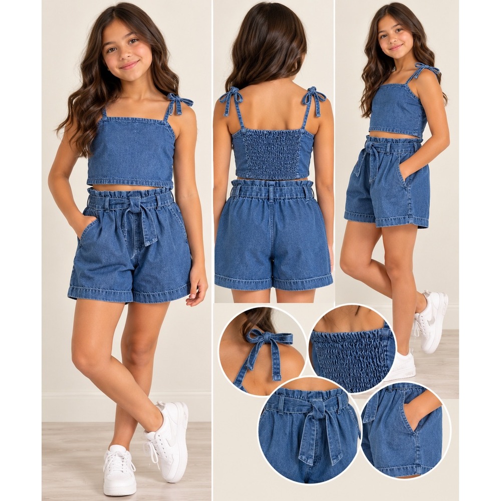 Free Assembly Girls Blue Denim 2 Piece Set Crop Top Paperbag Shorts XL 14-16 NWT